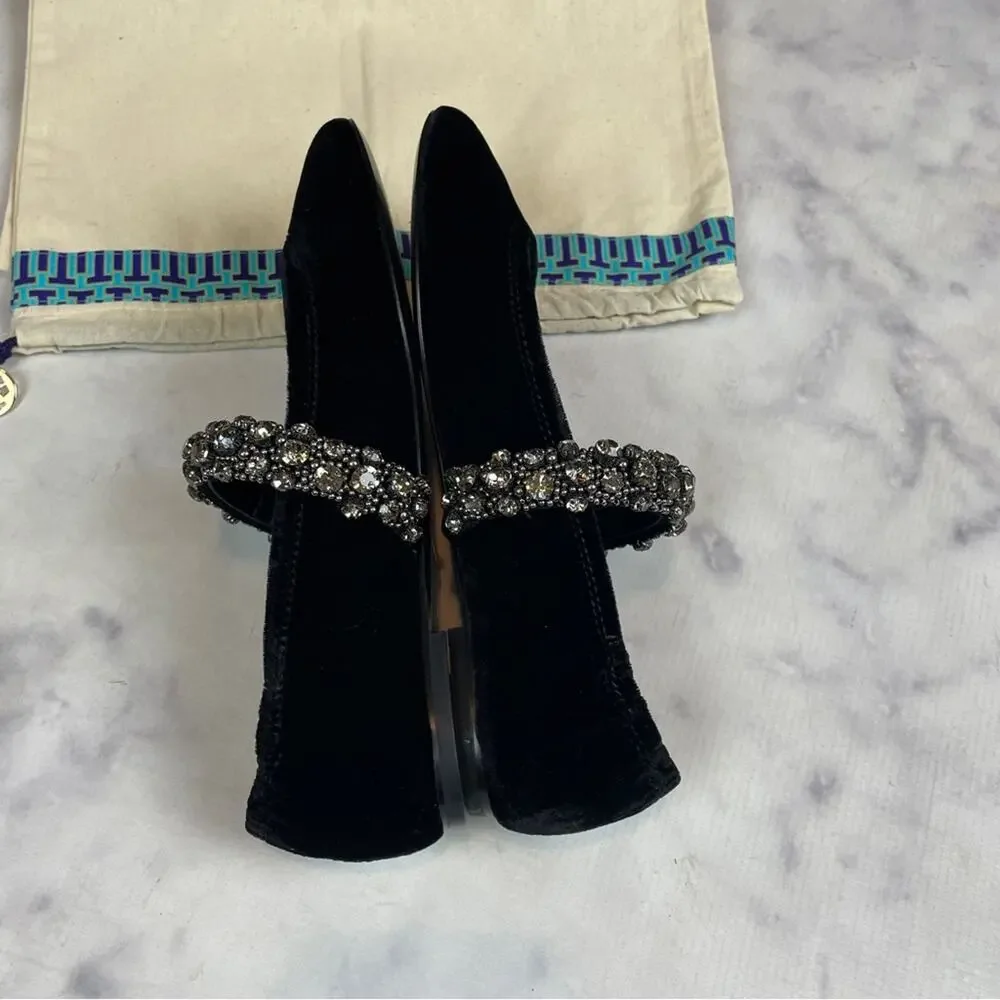Tory Burch Black Velvet Crystal Strap Mary Jane Flats NWOB Sz 6.5